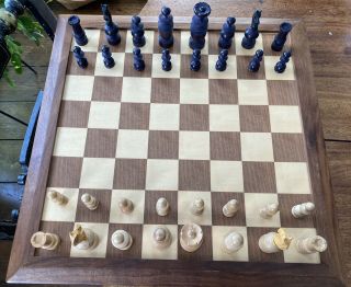 Antique Handcarved Wooden Chess Set & Artisan Made Chess Board