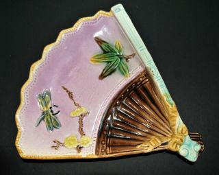 Antique Majolica Fan Plate Dish Flowers & Dragonfly C.  1800 