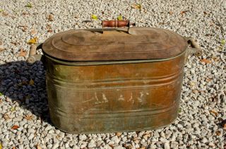 Antique Large Copper Boiler With Lid And Wooden Handles