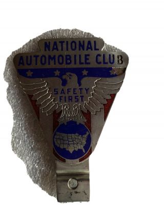 Vintage National Automobile Club Safety First Enamel License Plate Topper