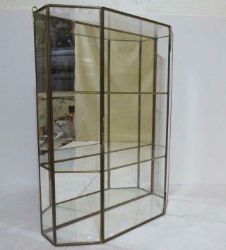 Brass & Glass 2 Shelf Display Curio Cabinet Specimen Case W Door Table Or Wall