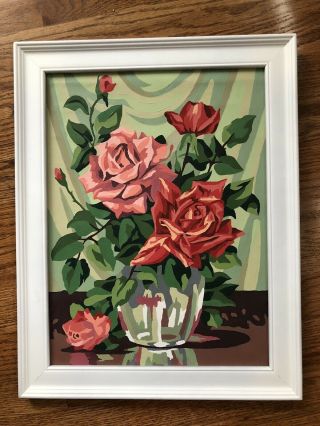 Vintage Mid Century Vase Of Roses Pbn Paint By Number Painting Framed