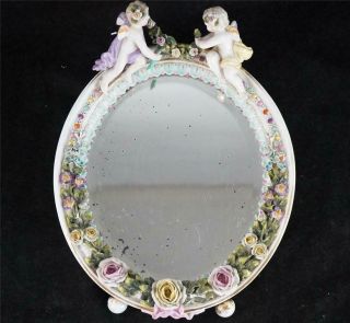 Antique Sitzendorf Porcelain Mirror With Cherub Figurines Figures B