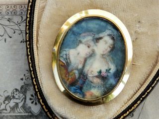 Antique 19th C French Hand Painted Miniature Portrait Of Two Ladies Brooch Pin