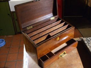 Antique Solid Mahogany Large Stationary Box With Front Drawer And Key