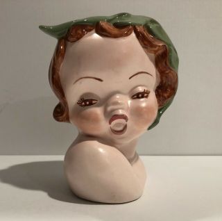Vintage Young Lady Headvase 5 " Tall Rare Garden Girl Pixie Green Leaf Hat