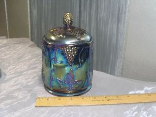 Vintage Colony Carnival Glass Iridescent Blue Green Harvest Grape Jar Canister