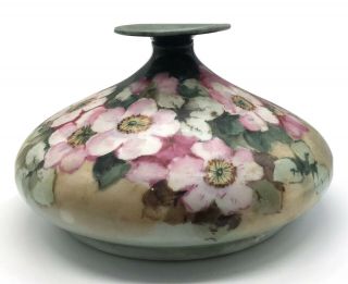 Antique Jean Pouyat Limoges France Porcelain Squat Vase Floral Green Pink Jpl