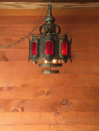 Atq Arts & Crafts Brass And Ruby Red Glass Hanging Swag Light Fixture
