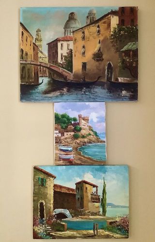 3 Vintage Oil Paintings Of Italy Italian Stretched Canvas,  No Frames