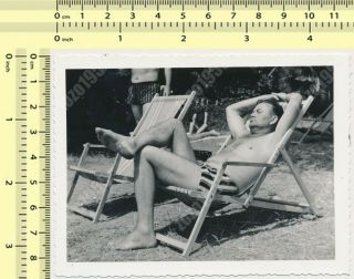 Beach Shirtless Man In Trunks Laying In Chair Out Of Frame Guy Vintage Old Photo