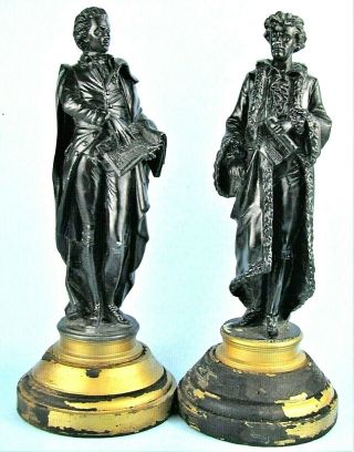 Mozart & Beethoven Two Antique Spelter Metal Statues Mantel Clock Toppers