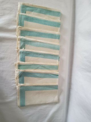 Vintage Set Of 8 Handmade Linen Napkins Cream Beige Light Turquoise Border