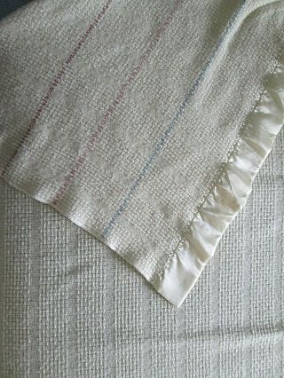 Vintage Faribo Knit Wool Blend Blanket Ivory With Blue/pink Stripes