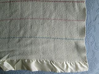 Vintage Faribo Knit Wool Blend Blanket Ivory with Blue/Pink Stripes 2