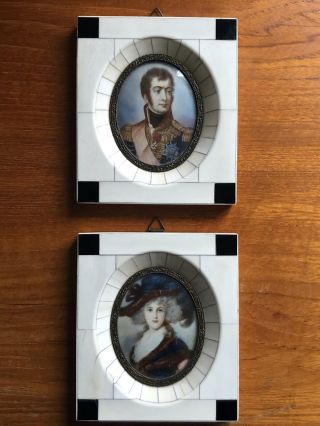 Pair Fine Piano Key Frame Miniature Portraits - Man & Woman 11x 12.  8 Cm
