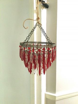 antique waterfall icicle crystal chandelier red and clear crystals 3