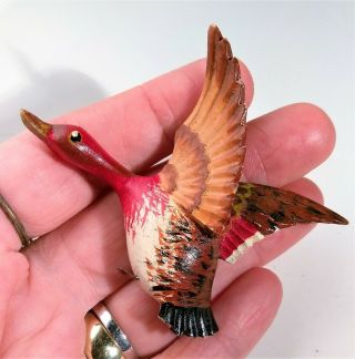 Vintage Hand Carved Painted Wood Duck Decoy Brooch Pin Red Head In Flight Wings
