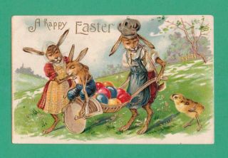 Vintage Easter Fantasy Postcard Dressed Rabbits Wheelbarrow - Basket Eggs Chick