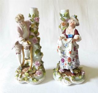 Gd Sized Pair Antique 19th C Voigt Bros Sitzendorf Porcelain Figure Candlesticks