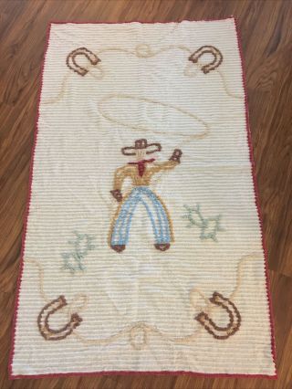Vintage Chenille Baby Blanket Crib Cowboy With Lariat Cactus Horse Shoes Details