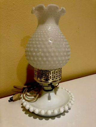 Vintage Hobnail Milk Glass White Bedside Lamp & Shade Hurricane Chimney