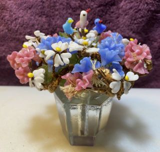 Vintage French Glass Wired Flowers & Birds In Clear Glass Pot 5” Tall