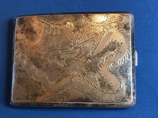 Antique Chinese Export Sterling Silver Cigarette Case Dragon And Sun