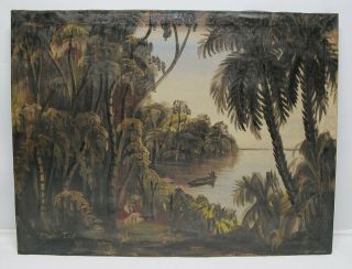 Antique 19th C Florida Palm Trees Oil Canvas Painting Pre - Highwaymen Signed Yqz