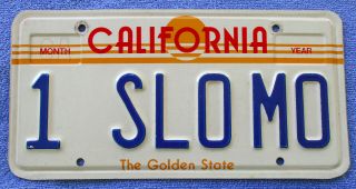 California " Sun " Graphic Personalized Vanity License Plate: " 1 Slo Mo "