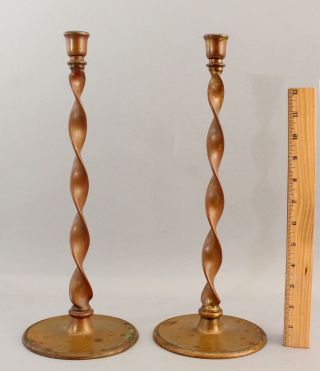 Pair Tall 14.  5in,  Antique Signed,  Arts & Crafts Twist Bronze Candlesticks,  Nr