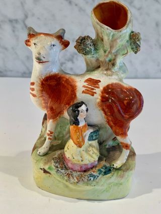 Antique Staffordshire Small Cow Spill Vase With Milkmaid 19th Century