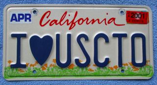 California " Kids " Graphic Personalized Vanity License Plate: " I (love) Uscto ".  U