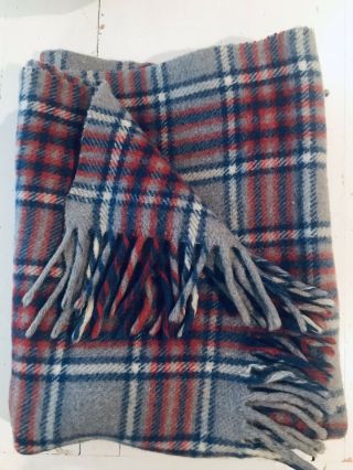 Vintage Gray Plaid Fringe 100 Wool Throw Lap Stadium Blanket 52”x33” Retro