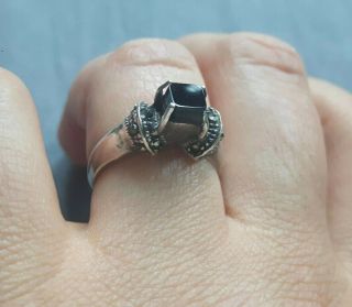 Vintage (poss.  Art Deco) Sterling Silver Ring With Black Onyx & Marcasite Size N