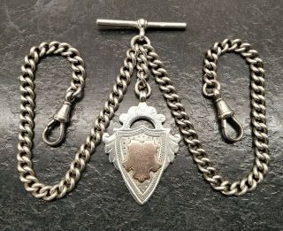 Antique Silver Curb Link Double Albert Pocket Watch Chain & Fob.