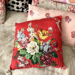 Coussin Lin Tissu Ancien Vintage Marignan Boussac Fleurs Flower Fabric Cushion