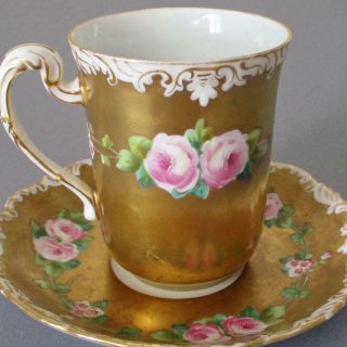 Antique T&v Limoges Hp Porcelain Cup,  Saucer Lush Gilt W Pretty Pink Roses