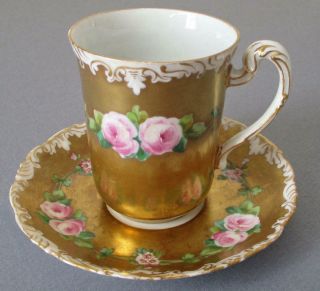 Antique T&V LIMOGES HP Porcelain Cup,  Saucer LUSH GILT w Pretty PINK ROSES 2