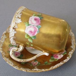 Antique T&V LIMOGES HP Porcelain Cup,  Saucer LUSH GILT w Pretty PINK ROSES 3