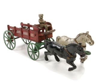 Antique Cast Iron Kenton Toys Horse Drawn Farm Wagon And Driver