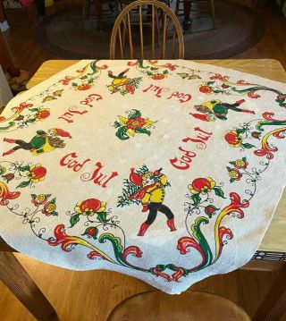 Vintage Swedish Christmas God Jul Tablecloth Gnomes,  Elves,  Nissor