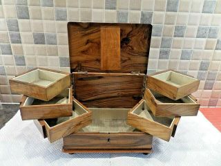 Stunning Antique Inlaid And Hand Carved Olive Wood Box With 6 Swing Trays,  Key