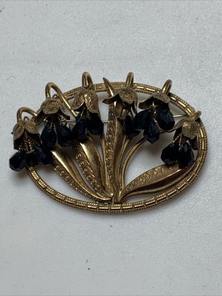 Vintage Art Deco Style 1920’s Gold Metal Pin Brooch Flower Pin Black Onyx