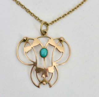 Antique Art Noveau Solid 9ct Gold Pendent Circa 1900 With Turquoise Stone