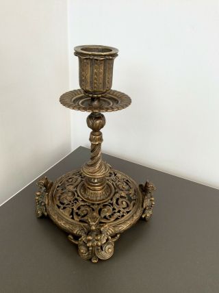 Antique Gothic Revival Bronze Candlestick.  Late 19thc.  Mythical Winged Beasts