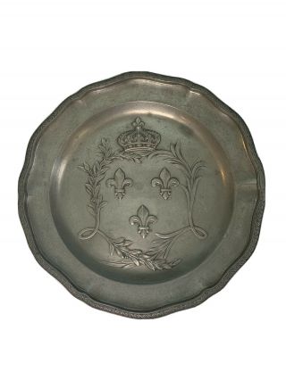 French Scalloped Antique Pewter Plate With Embossed Crown And Fleur De Lis Wall