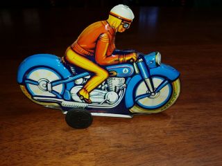 Vintage P Angem Tin Toy Motorcycle & Rider Made In Western Germany