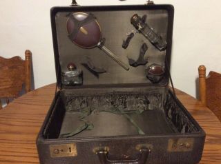 Antique Wood Leather Suitcase Train Case Make - Up Attache Briefcase