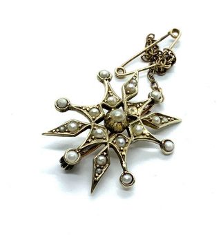 Antique Victorian 9ct Gold Natural Seed Pearl Starburst Brooch 9